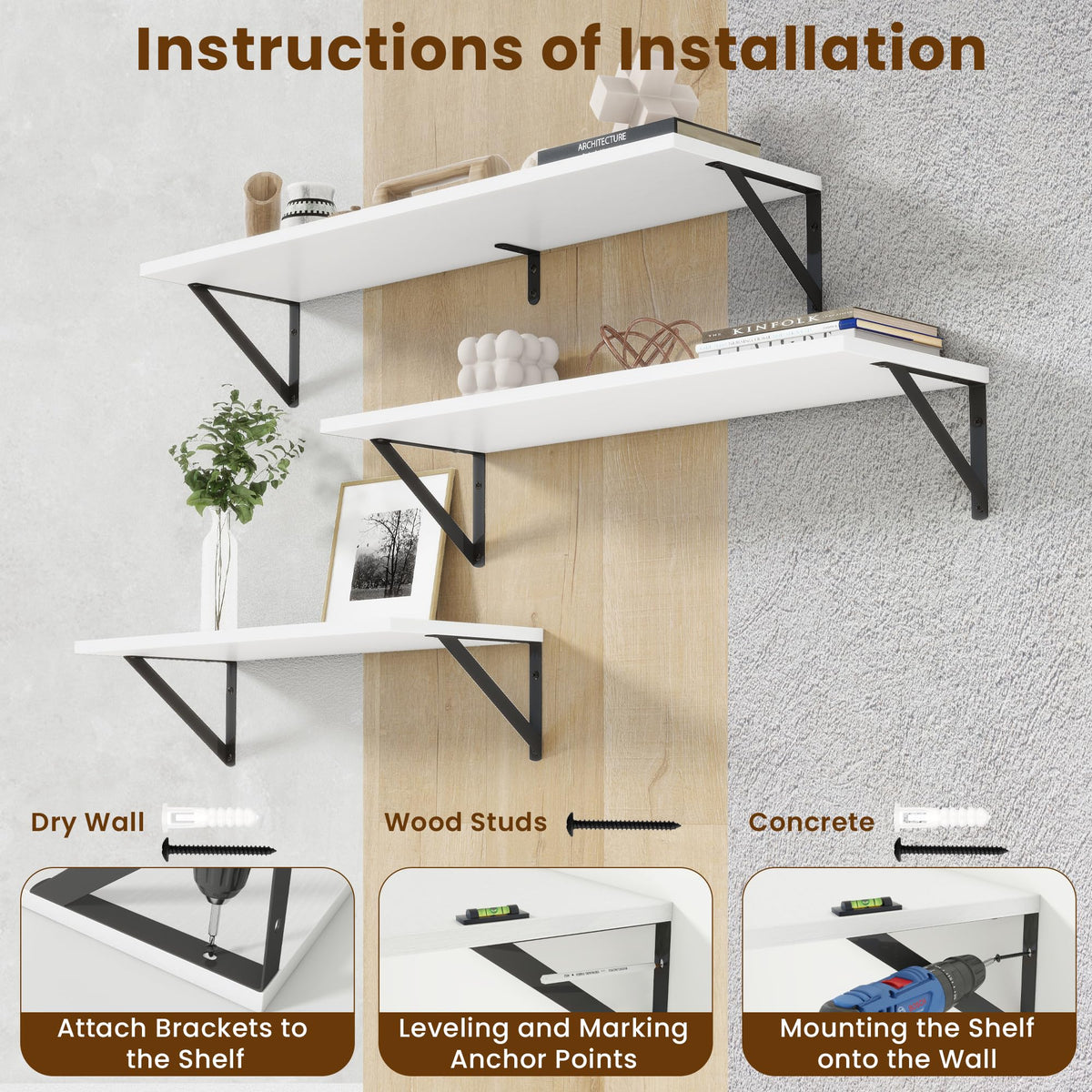Acovy Floating Shelves for Wall Decor,24" Wx8 D Wall Mount Floating Bookshelf Set of 2,Hanging Storage Shelf with Sturdy Metal Brackets,Wooden Shelf for Living Room,Bedroom,Bathroom,White