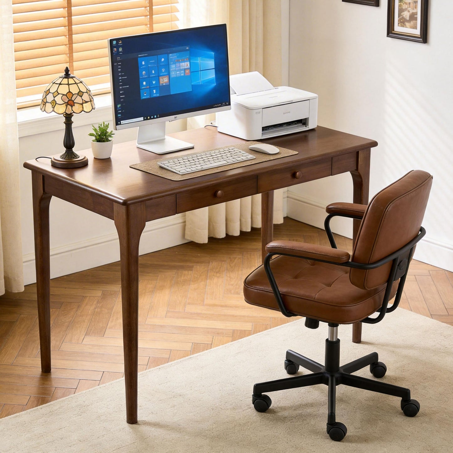 KTVVKTVV Natural Solid Wood Desk with Drawers,Mid Century Modern Real Wood 40" Writing Desk,Home Bedroom Computer Office Workstation Desks,Small Spaces,Walnut Color