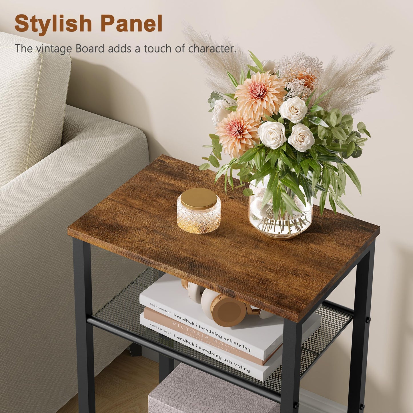 Hoctieon 2-Set 3 Tier End Table, Telephone Table Set of 2, Tall Side Table with Storage Set of 2, Small Nightstand for Small Spaces, Metal Frame, for Living Room, Bedroom, Sofa Couch, Rustic Brown