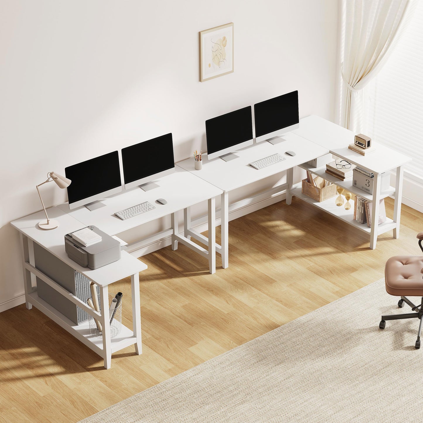 IOTXY Reversible L-Shaped Office Desk - 63" Extra Large Corner Computer Table with Storage Shelves, Solid Wood Legs, Home Writing & Study Workstation, White