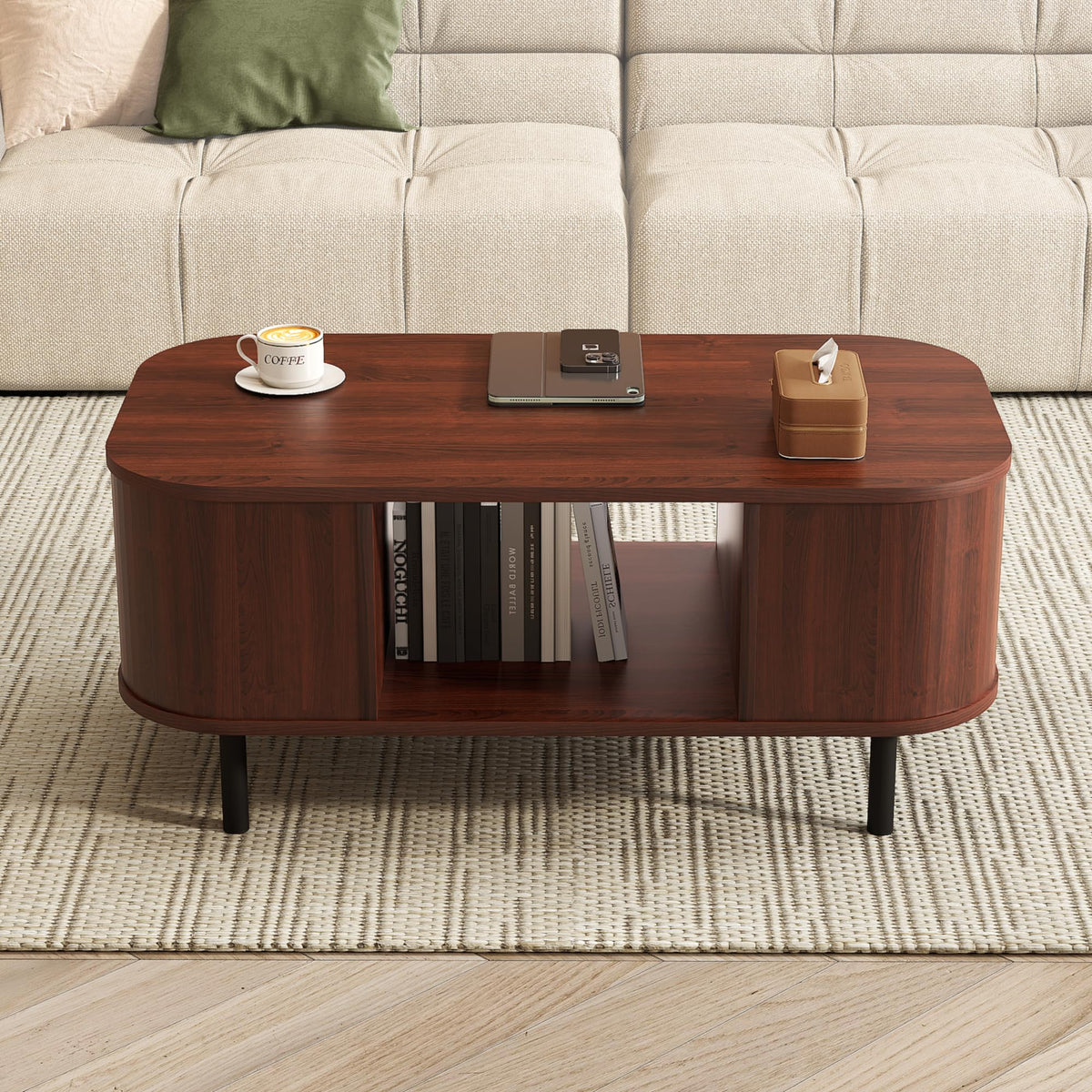 Coffee Table, 39.4" Mid Century Modern Coffee Tables for Living Room, Coffee Table with Storage Open Shelf, Fluted Table with Sliding Cabinet Door, Suitable for Living Room, Home Office, Walnut