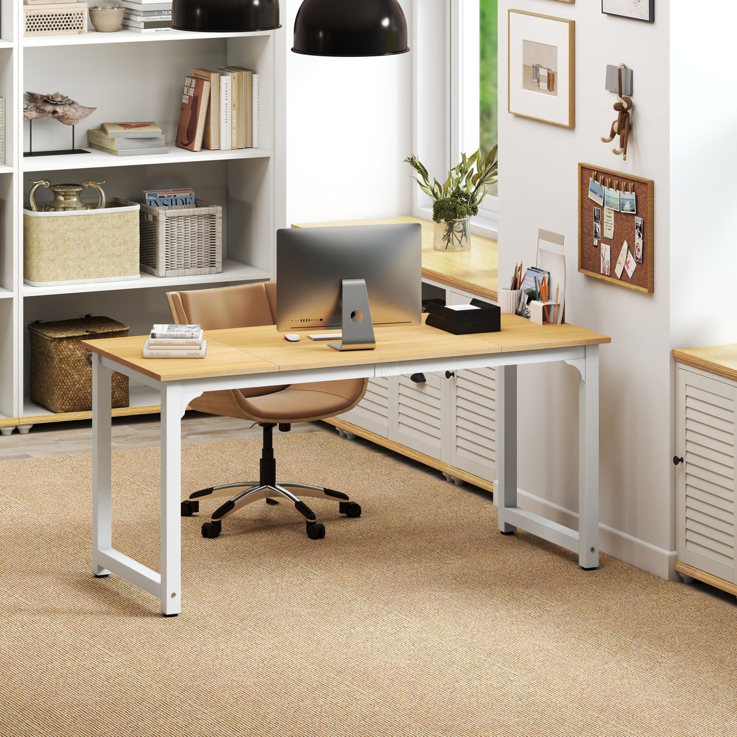 NSdirect Modern Computer Desk 63 Inch Large Office Desk, Writing Study Table for Home Office Desk Workstation Wide Metal Sturdy Frame Thicker Steel Legs, White