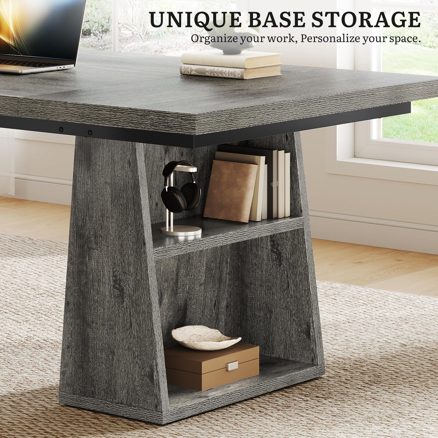 YITAHOME 63" Executive Desk, Large Office Desk Computer Desk with Double Pedestal and Storage Shelves, Wood Simple Workstations Writing Table Conference Table Business Furniture for Home Office, Grey
