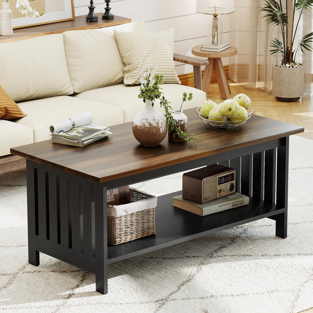 YOSHOOT 39.4" Farmhouse Coffee Table - Coffee Tables for Living Room, Small Coffee Table with Storage, Center Table for Living Room, Bedroom, Office, Black