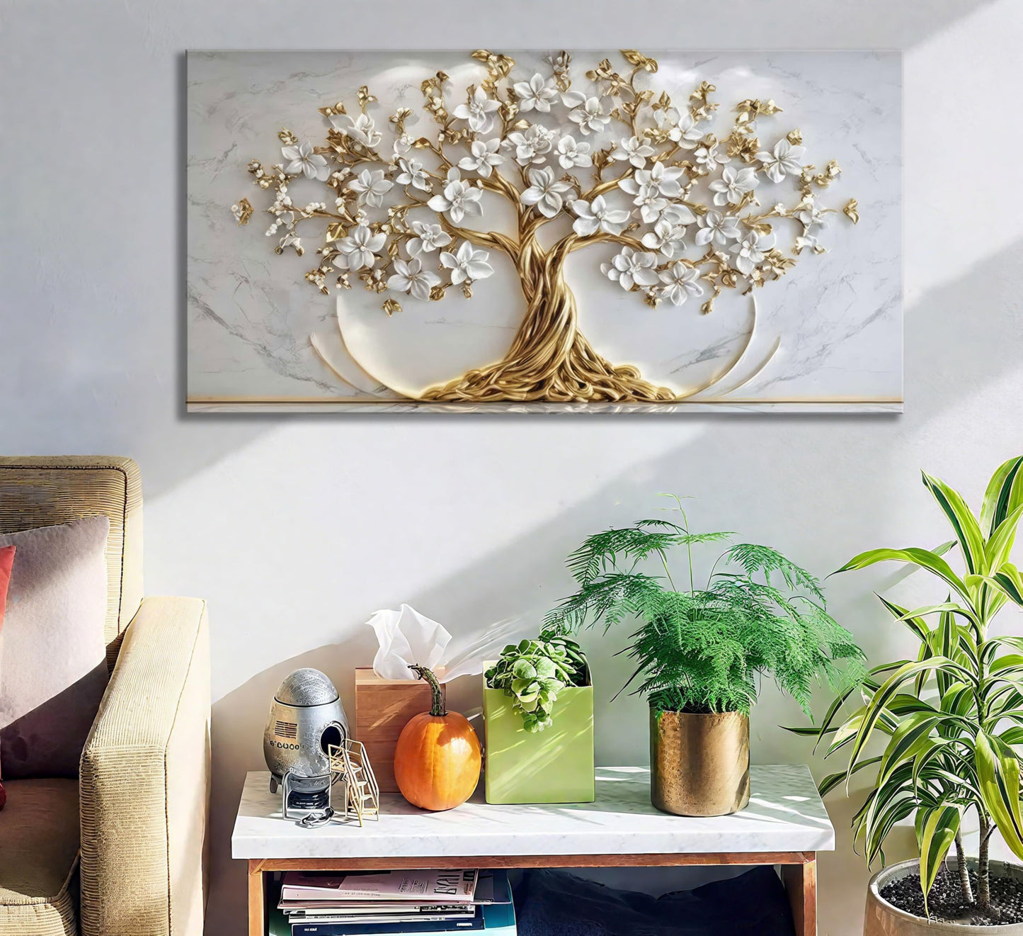 Tree of Life Canvas Wall Art Gold White Flowers Wall Decor Picture Natural Landscape Poster Print Artwork For Living Room Bedroom Office Paintings Decoration Prepare to hang 32x16in