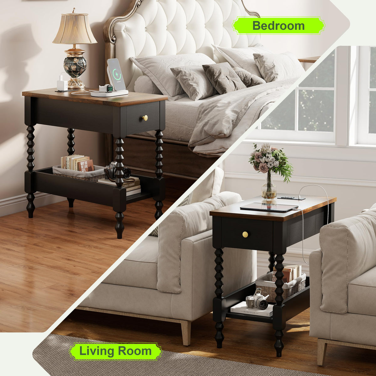YOSHOOT Farmhouse End Table with Charging Station - Narrow Side Table for Living Room Bedroom Small Space, Wood Nightstand with Drawer and Power Outlets, Black