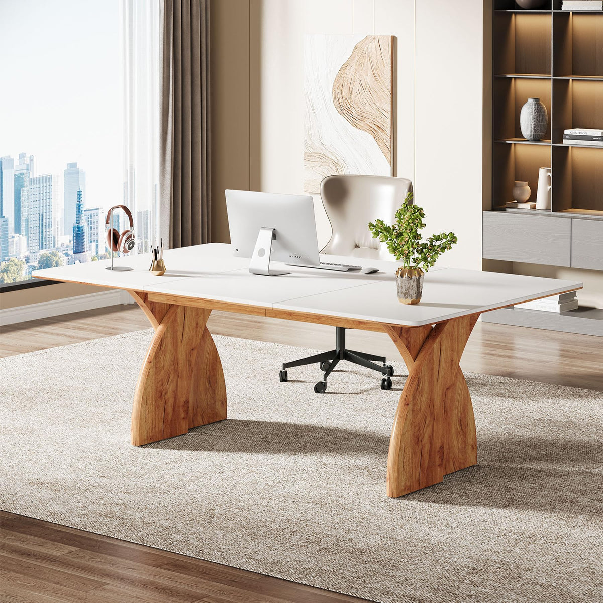 Tribesigns 63-Inch Executive Desk, Large Office Computer Desk with Heavy Duty Legs, Simple Laptop Desk Study Writing Table Business Furniture for Home Office (White and Brown)