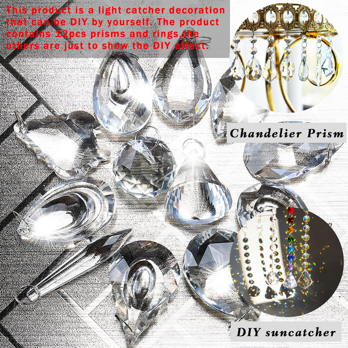 H&D Pack of 12 Clear Crystal Chandelier Lamp Lighting Drops Pendants Balls Prisms Hanging Glass Prisms Parts Suncatcher Home/House Decor