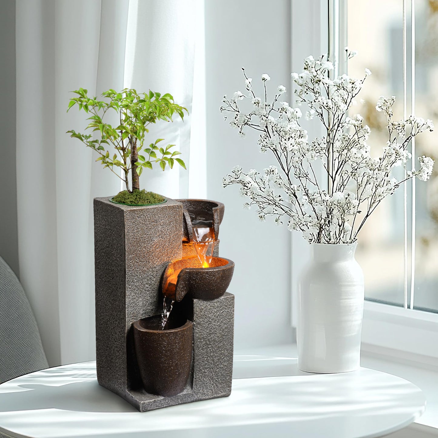 Mseonwxi Resin Tabletop Waterfall Fountain with LED Light & Plant Pot, Indoor Desk Water Fountains for Home Office Decor (22028N)
