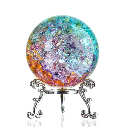 ZEERSHEE 60mm Colorful Ice Cracked Crystal Ball with Stand Decorative Glass Ball Paperweight for Home Wedding Office Christmas Decor