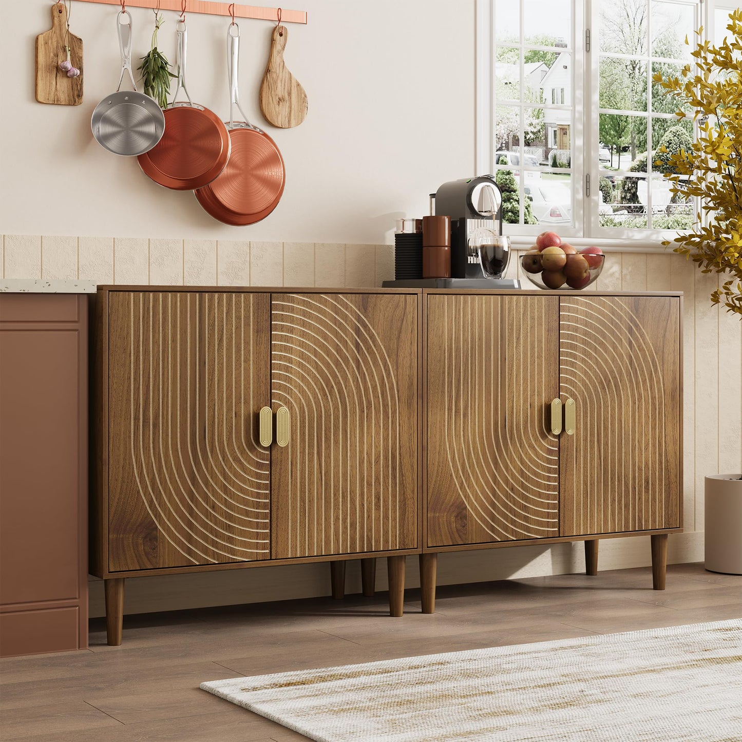 Smuxee Walnut Sideboard Cabinet, Freestanding Buffet Cabinet with Line Groove Design, Wood Storage Cabinet with Adjustable Shelf for Living Room, Entryway, Hallway