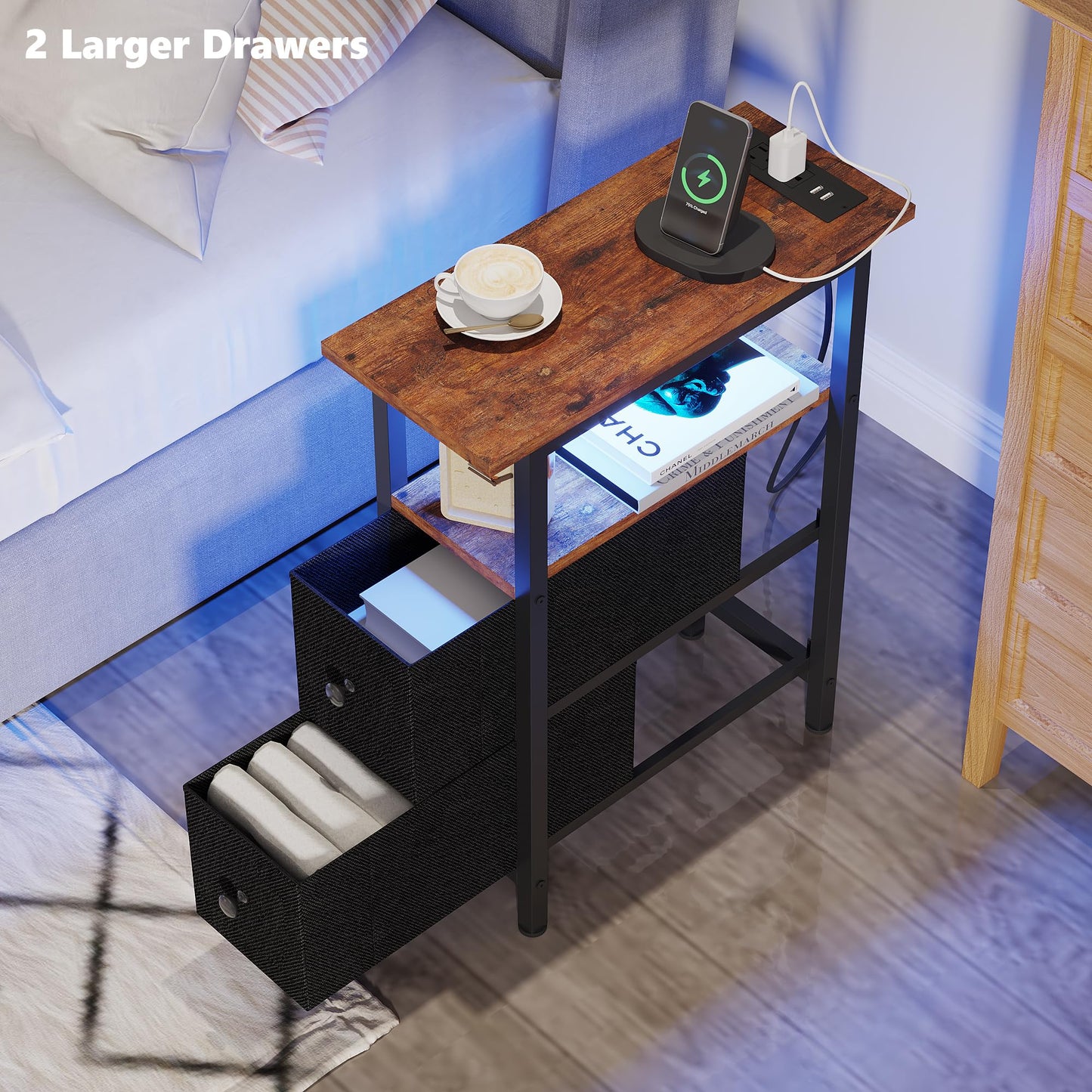 TRIFEBLE End Table with Charging Station, Narrow Side Table with 2 Fabric Drawers, Skinny Nightstand with LED Light, Slim Bedside Table for Bedroom, Living Room, Small Spaces, Rustic Brown and Black