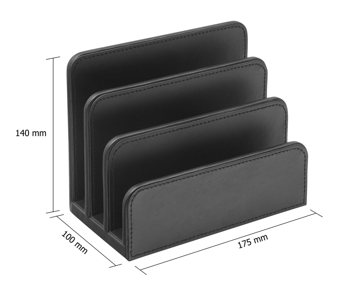 OSCO Black Faux Leather Letter Holder | Mail Sorter | Post Rack | Envelope Organiser | Document Stand | Desk File Storage | Display Slots | H14 x W17.5 D10 cm |