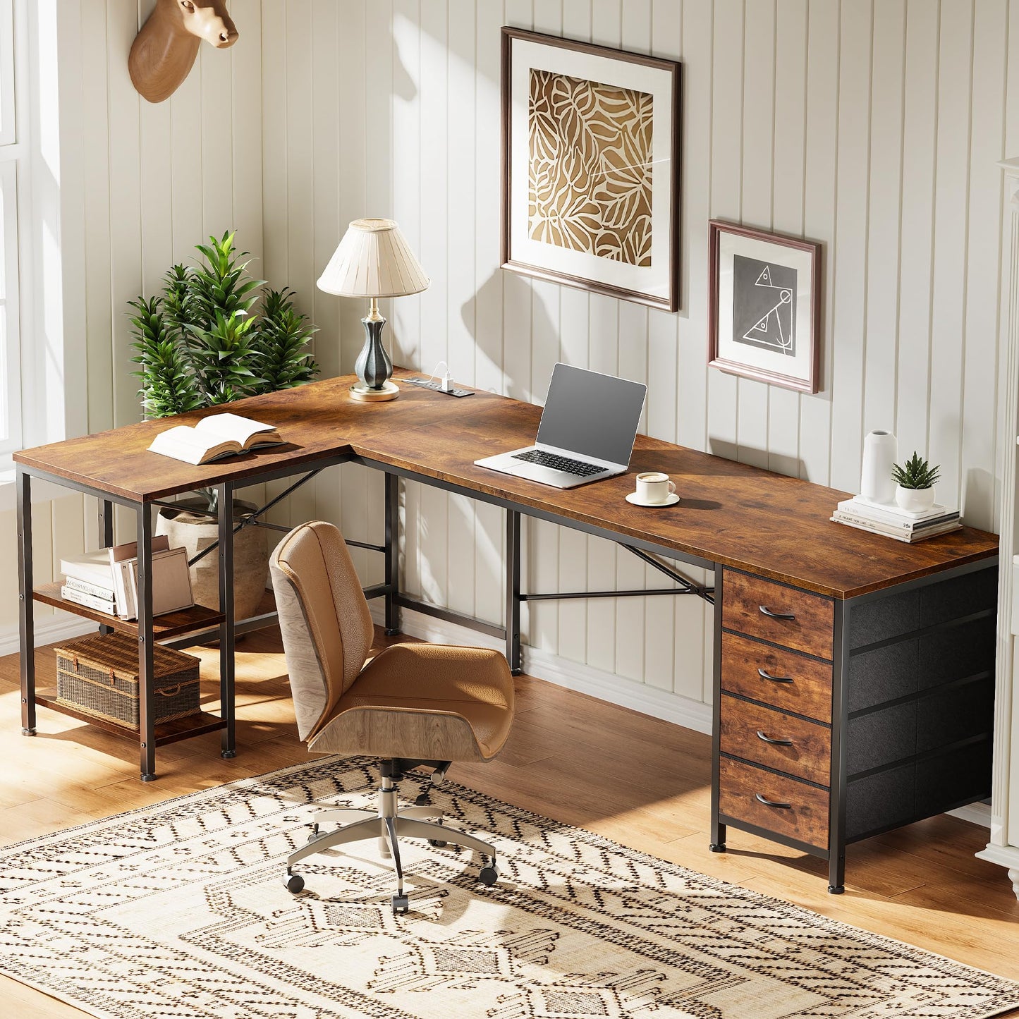 Huuger 63 Inch L Shaped Desk with Fabric Drawers, Computer Office Desk with Power Outlets and USB-C Port, Corner Desk with Storage Shelves, for Gaming Work Study Home Office, Reversible, Rustic Brown