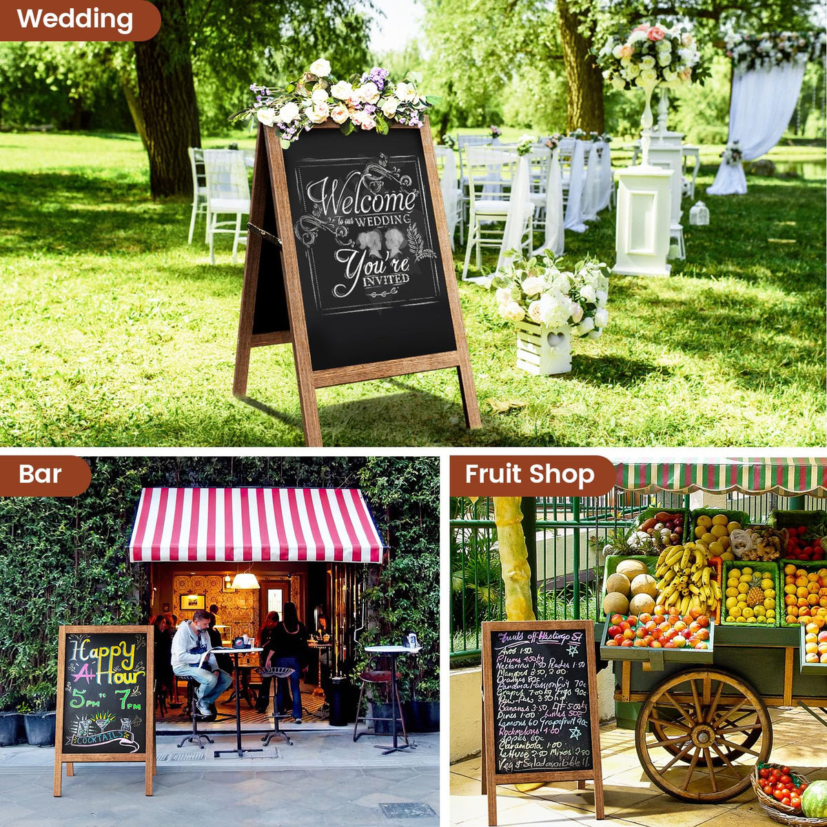 Chezerra A Frame Chalkboard Sign, 40"x20" Extra Large Sidewalk Chalk Board, Wooden Standing ChalkBoards Set with Markers, Double-Sided Magnetic Blackboard for Cafés, Weddings, Party Guide, Brown