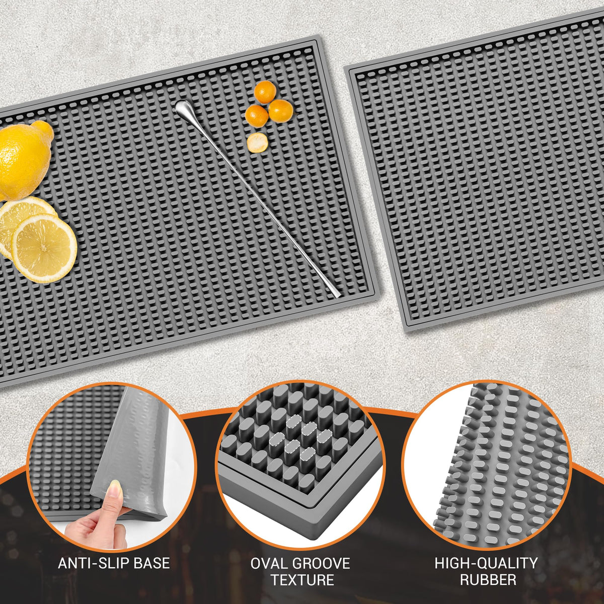 ZJWZLG Bar Mat - 18"X12"(2 Pcs) Rubber Bar Mats for Countertop & Dish Drying, Non-Slip Bartender Mat with Airflow Design for Home Bar, Cocktail Set, Kitchen & Outdoor Use (Gray)