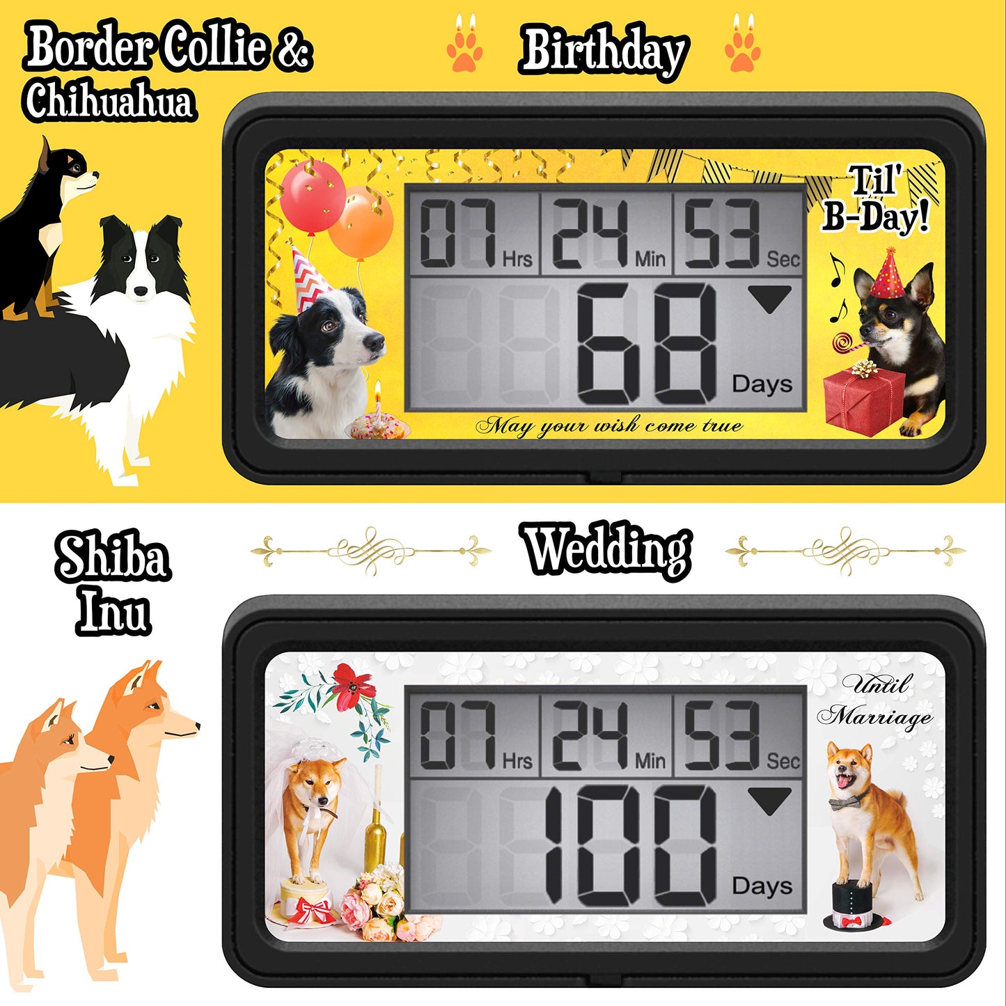 Veriss Digital 9999 Days Countdown Clock Timer with Backlight - Count Down Your Retirement, Wedding, Christmas, Vacation and All Calendar Event Dates in Your Life - Dog Collection (Black - 8 Frames)