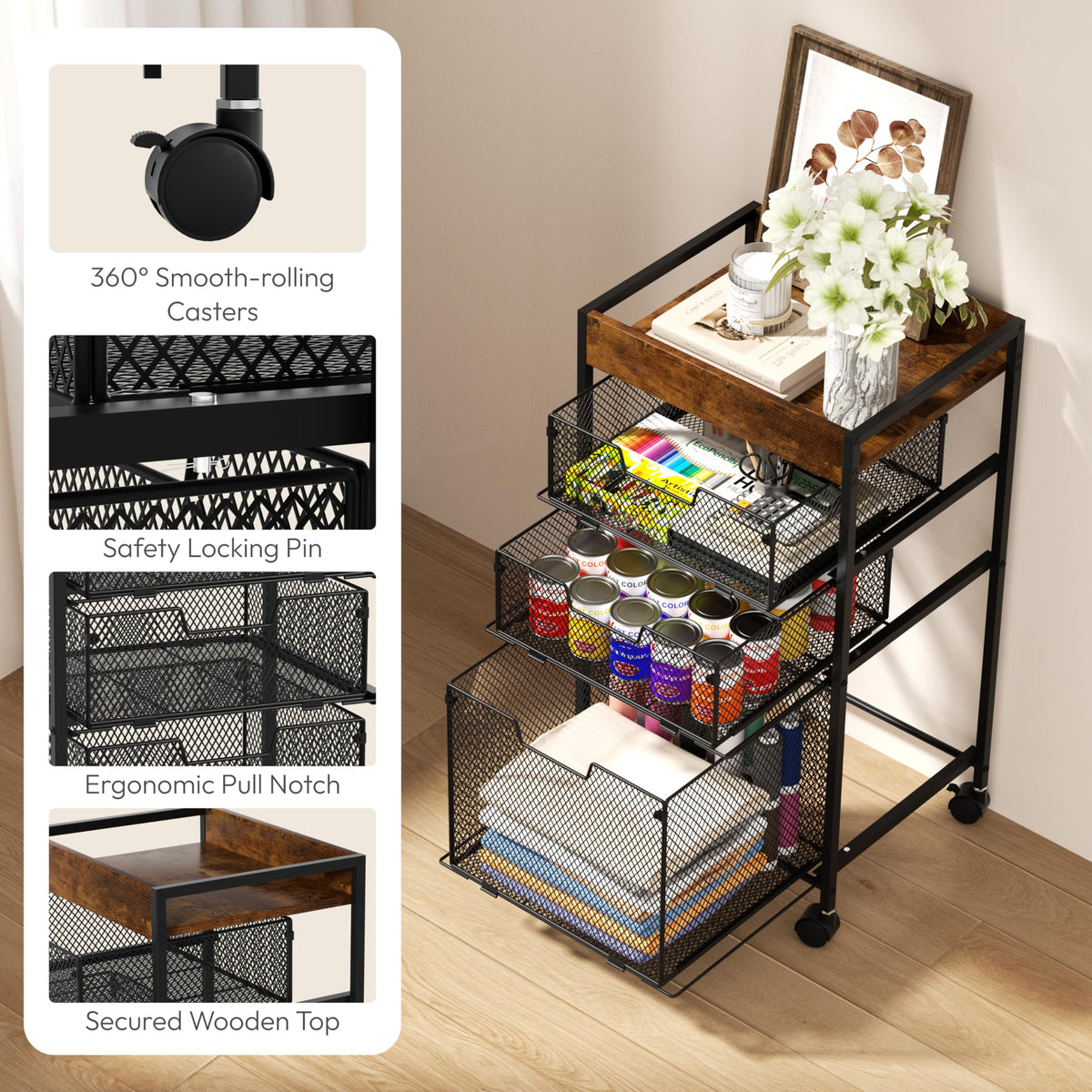SWTYMIKI Rolling File Cart with Drawers - 4 Tier Under Desk Storage Craft Rolling Organizer Cart - Office Storage &Organization, Mobile Metal Filing Cabinet for Office and Home Espresso