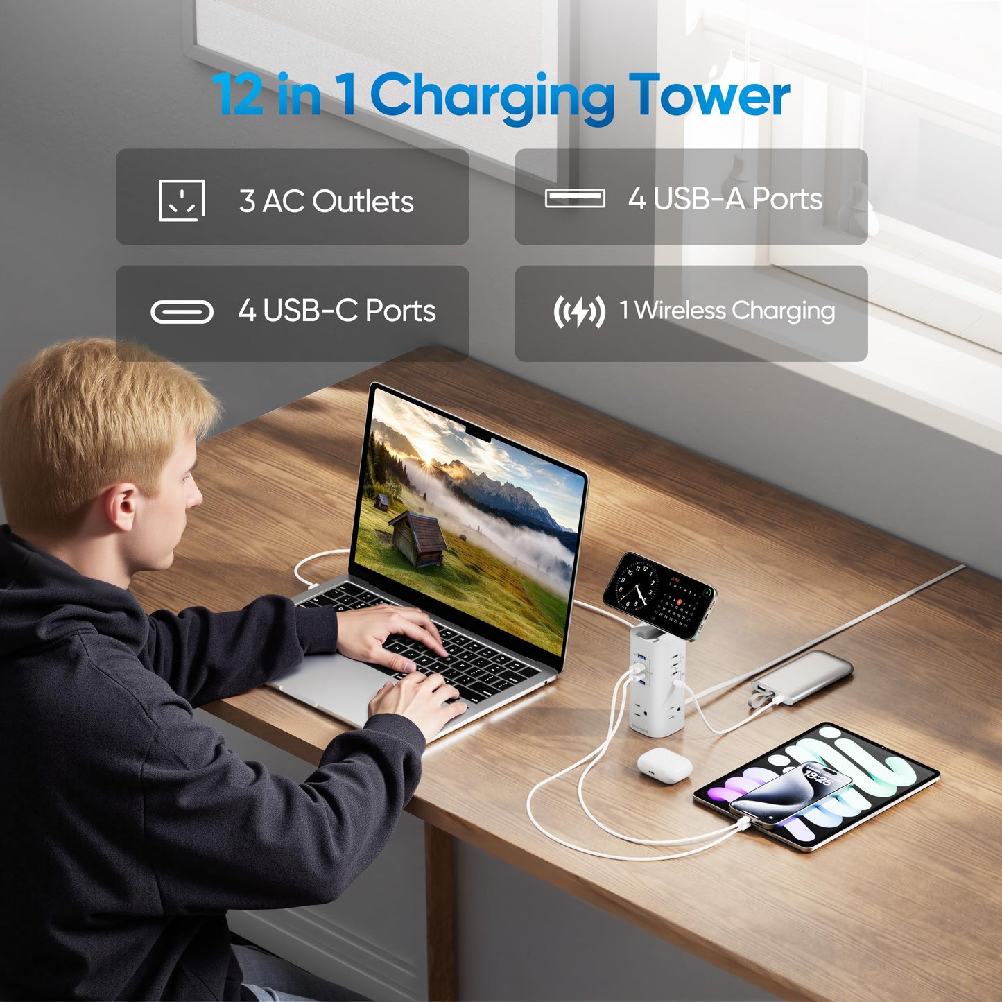 TenTrend Power Strip Tower Surge Protector, 115W Fast Charging Station with 3AC Outlets & 8 USB Ports (4 USB-C), 5FT Extension Cord Flat Plug for Home, Office, Dorm Room