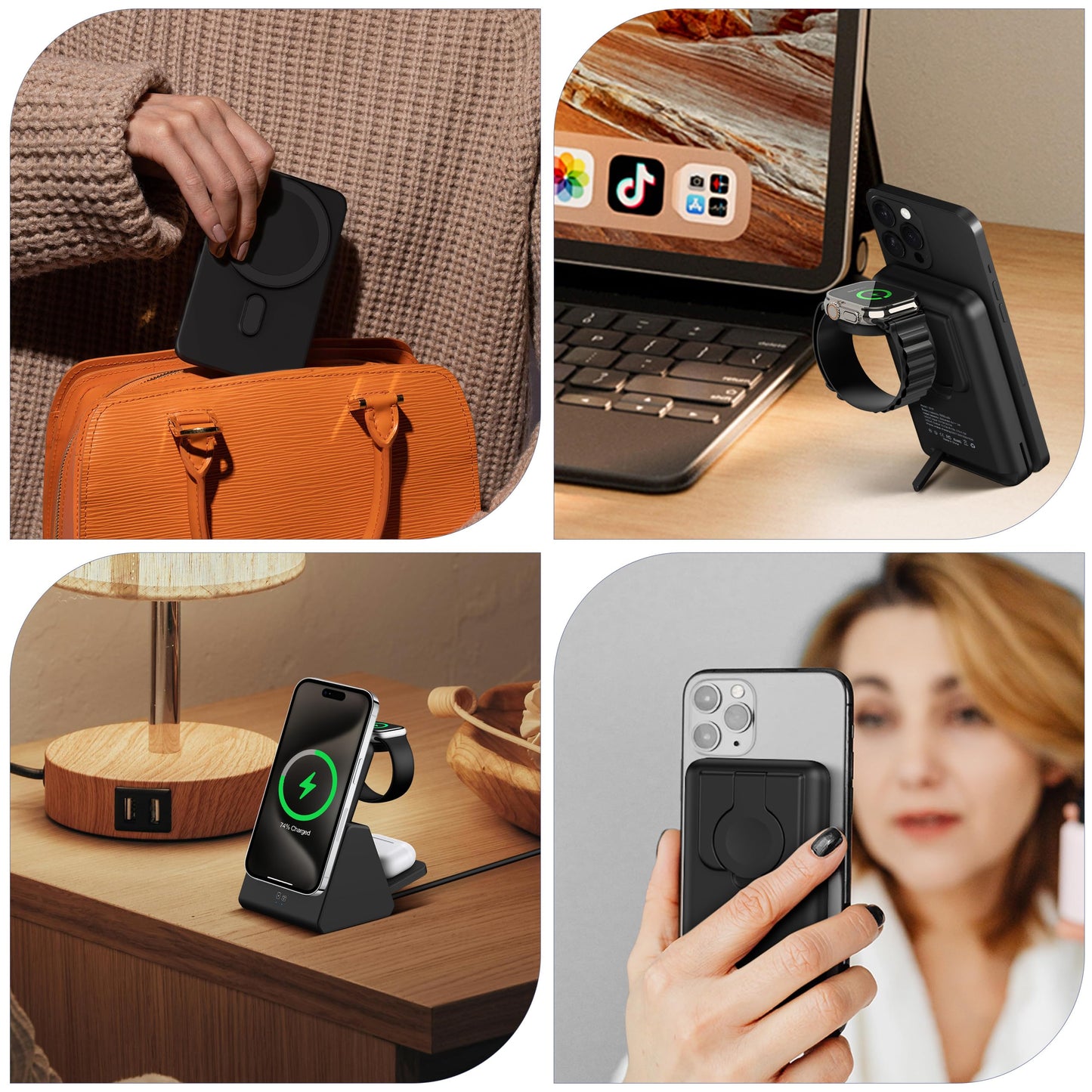 Smtcsl 3-in-1 Wireless Charging Station: Portable 10000mAh Power Bank Charger Compatible for Phone Air/17/16/15/14/13/12 Series and Watch - Detachable Magnetic Charging Stand Black