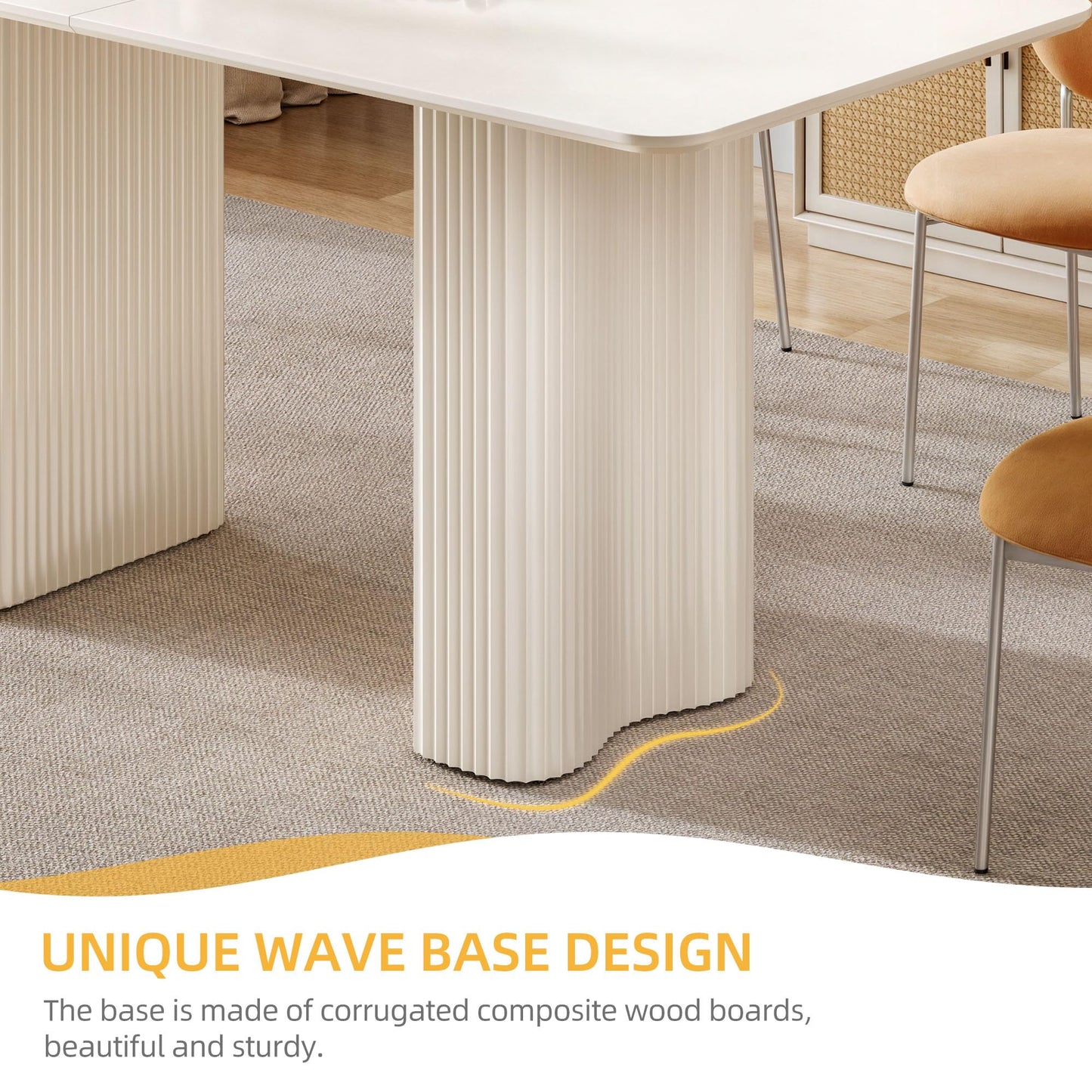 DWVO 70.8 Inch Dining Table for 6-8 People Modern Rectangular Kitchen Table Large Cream White Dinner Table with Solid Wave Curved Legs for Dining Room Kitchen Home Office Apartment, White
