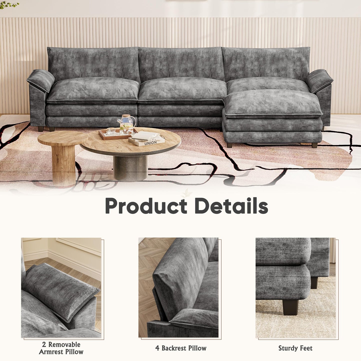Furniwell 119" Modular Couch 3-Seat Sofa with Reversible Ottoman, Cloud Couch L Shaped Sofa with Deep Seat, Chenille Sectional Couches for Living Room
