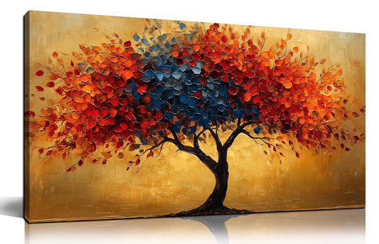 CANEITO Tree Wall Art for Living Room, Red Blue and Gold Wall-Decor for Bedroom, Natural Canvas Prints Pictures for Hallway Office, Size 40x20 Inches