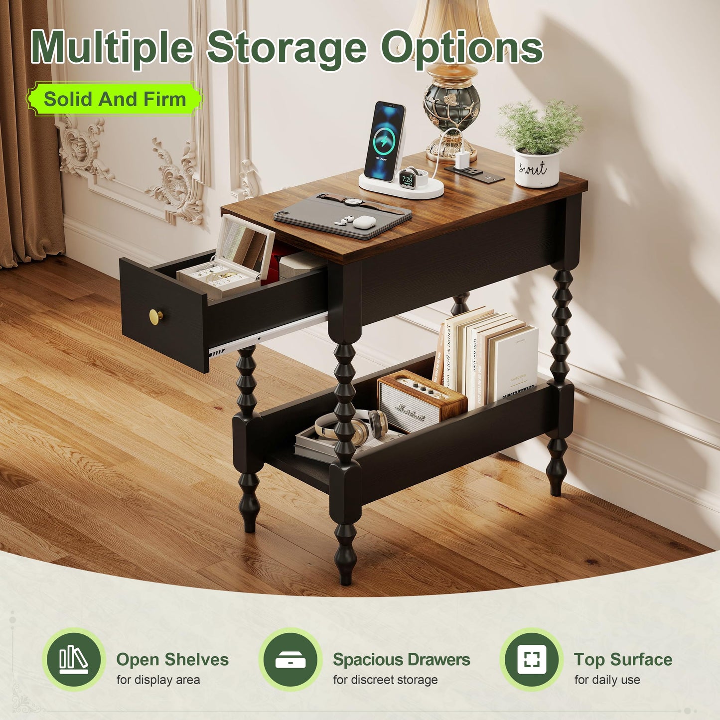YOSHOOT Farmhouse End Table with Charging Station - Narrow Side Table for Living Room Bedroom Small Space, Wood Nightstand with Drawer and Power Outlets, Black