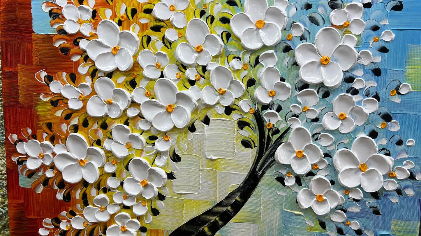 YaSheng Art - 24x24inch Wall Art,Hand Painted oil painting, Modern Abstract Floral Oil Painting, Dining Room Wall Decor, Bedroom Wall Decor, 3D Textured Framed White Floral Paintings, Modern Home Office Wall Decor