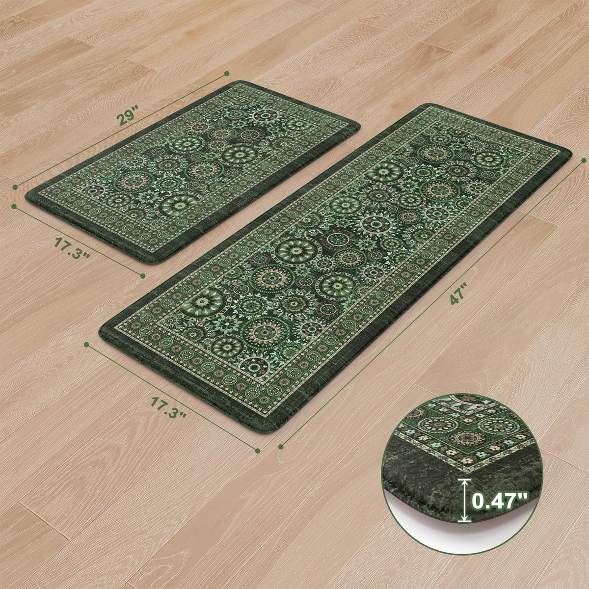 KIMODE Anti Fatigue Kitchen Mats for Floor 2 Piece Cushioned Boho Kitchen Rugs Memory Foam Kitchen Floor Mats Standing Desk Mats for Laundry Office Sink Green 17"x47"+17"x29"