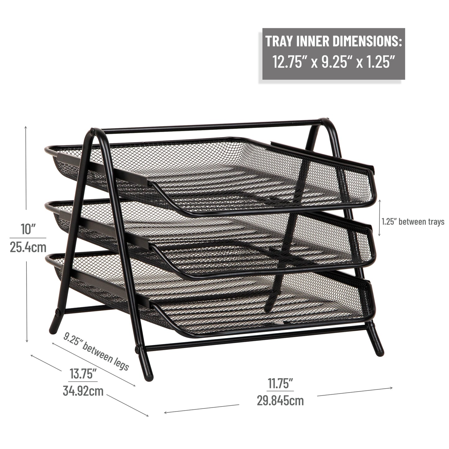 Mind Reader 3-Tier Paper Tray, Desktop Organizer, File Storage, Office, Metal Mesh, 11.75" L x 13.75" W x 10" H, Set of 2, Black
