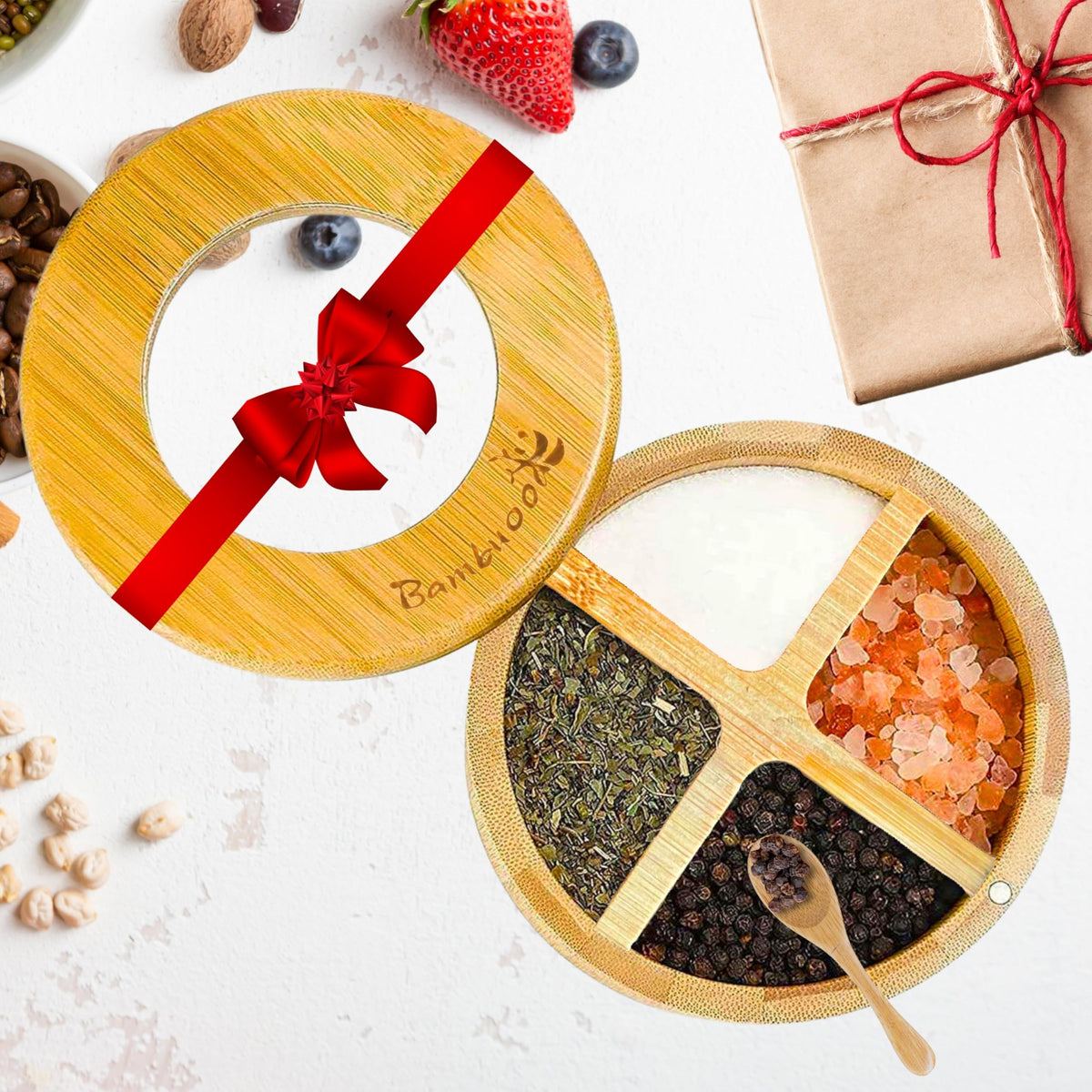 Bambuood Premium 4 Compartments Salt & Spice Cellar with Spoon - Swivel Magnetic Lid for Convenient Seasoning Access - 100% Natural Bamboo - Elegant and Eco-Friendly Kitchen Accessory.