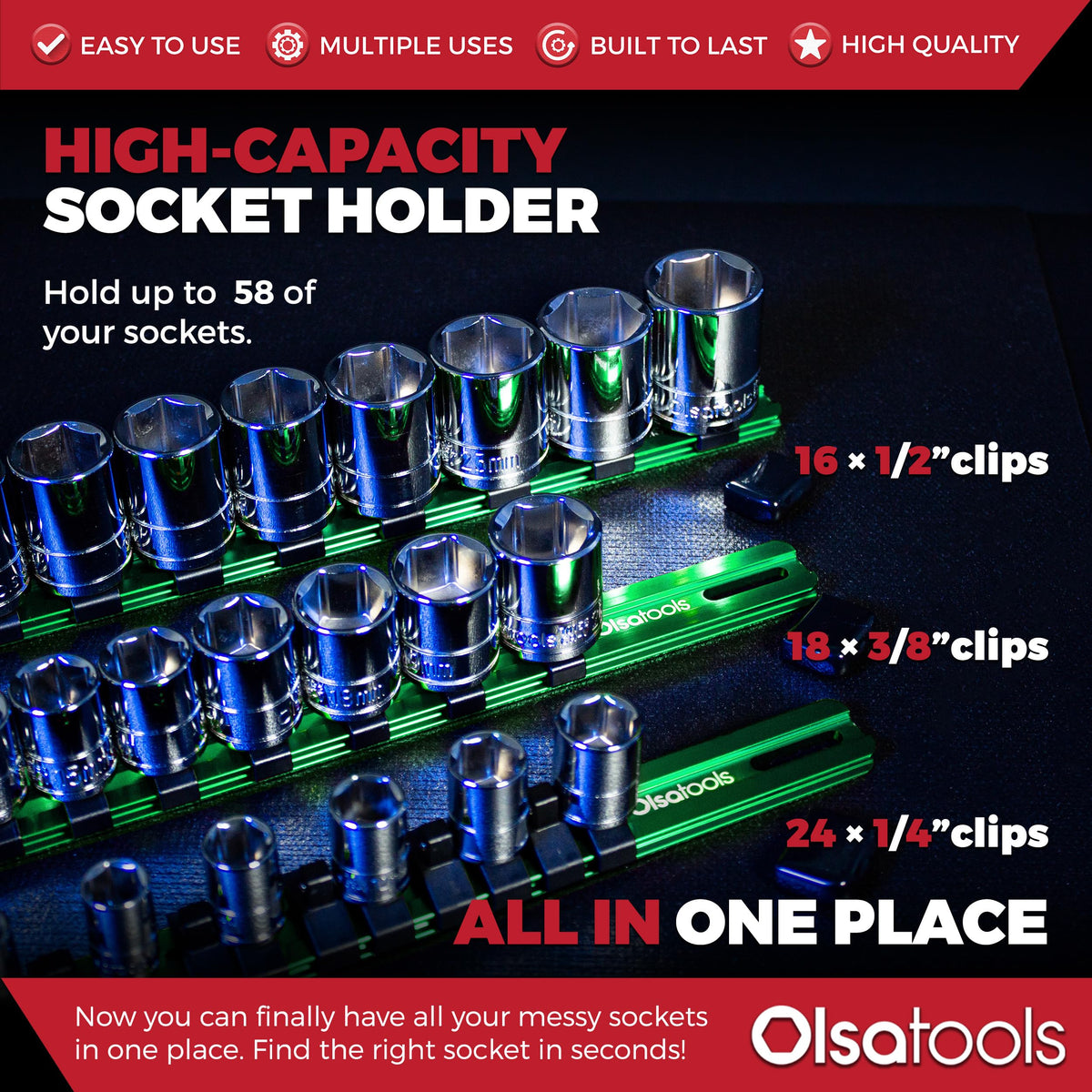 Olsa Tools Aluminum Socket Organizer, 3pc Set - Green Socket Holder Kit 1/2-Inch, 3/8-Inch, and 1/4-Inch Drive - Holds 58 Chrome or Impact Sockets - Professional Grade Socket Rails - Part: 1102