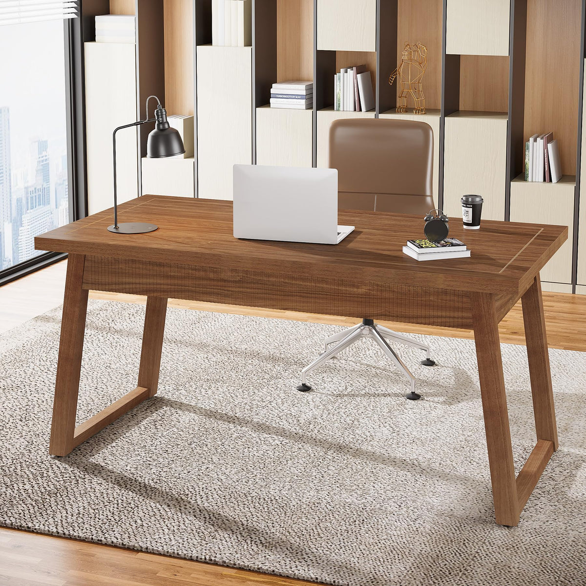 Tribesigns Home Office Executive Desk: 55 Inches Wooden Computer Desk with Drawer, Mid-Century Modern Study Writing Table, Rustic PC Laptop Desk Workstation Furniture, Walnut Brown
