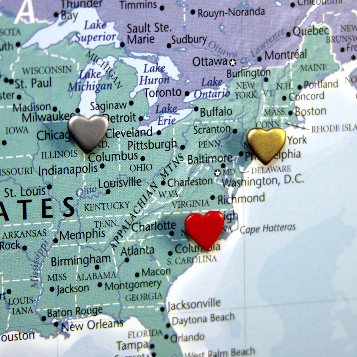 Mini Gold Heart Push Pins - Mini Gold Metal Heart Map Pins - for Cork Board, Maps, or Lapel Pin Use - Designed in USA - Set of 10