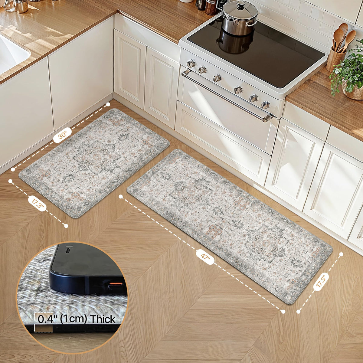 GENIMO Kitchen Mats for Floor 2PCs, Washable Anti Fatigue Mat for Cushioned, 17.3"x47"+17.3"x30", Waterproof Kitchen Rugs, Non Slip Comfort Standing Mat Rug for Home, Sink, Laundry, LightTaupeBrown