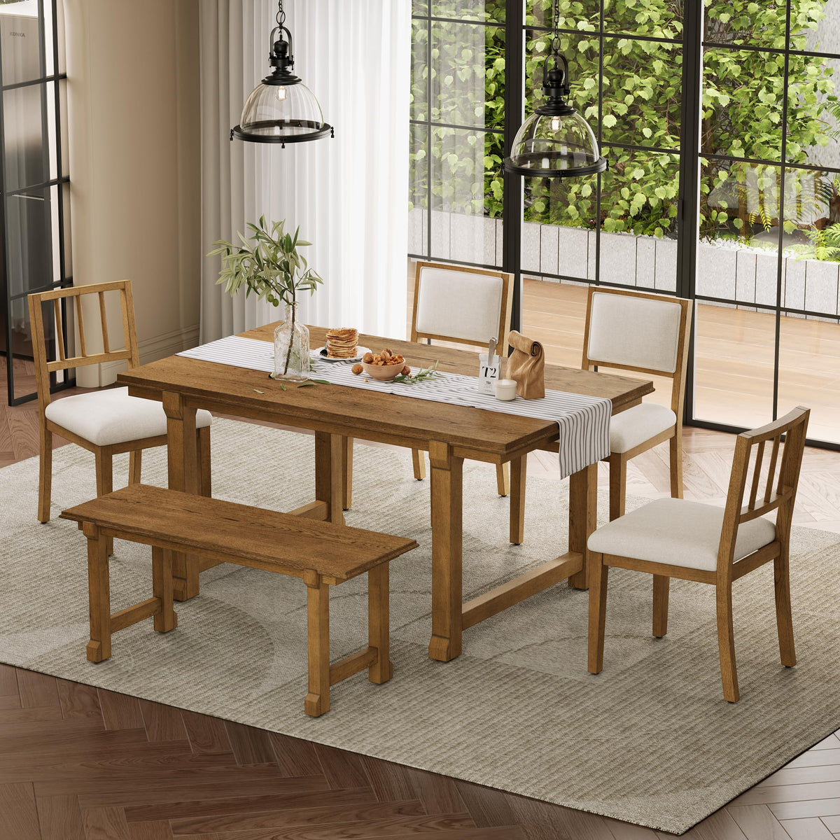 Merax 6-Piece Farmhouse Dining Table Set for 6, 59.8" Rectangle Table + 4pcs Dual-Style Chairs + 37.8" 2 Seater Bench, Kitchen and Dining Room Sets with Solid Wood Legs and Frame (Walnut+ Beige)