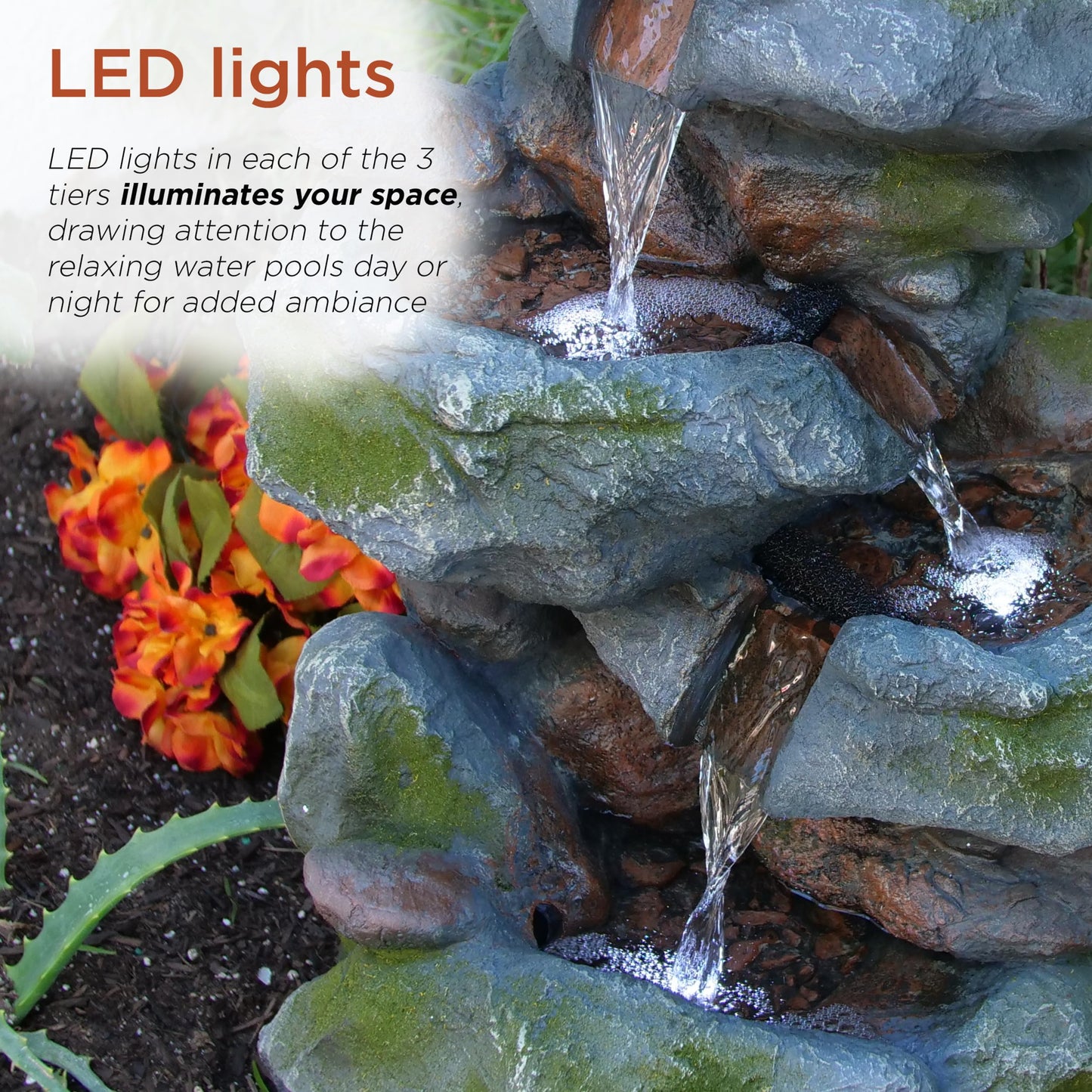 Alpine Corporation 22" Tall 3-Tier Outdoor Rock Waterfall Fountain with LED Lights, Natural Stone Look for Garden, Patio, Yard & Porch Decor, Gray