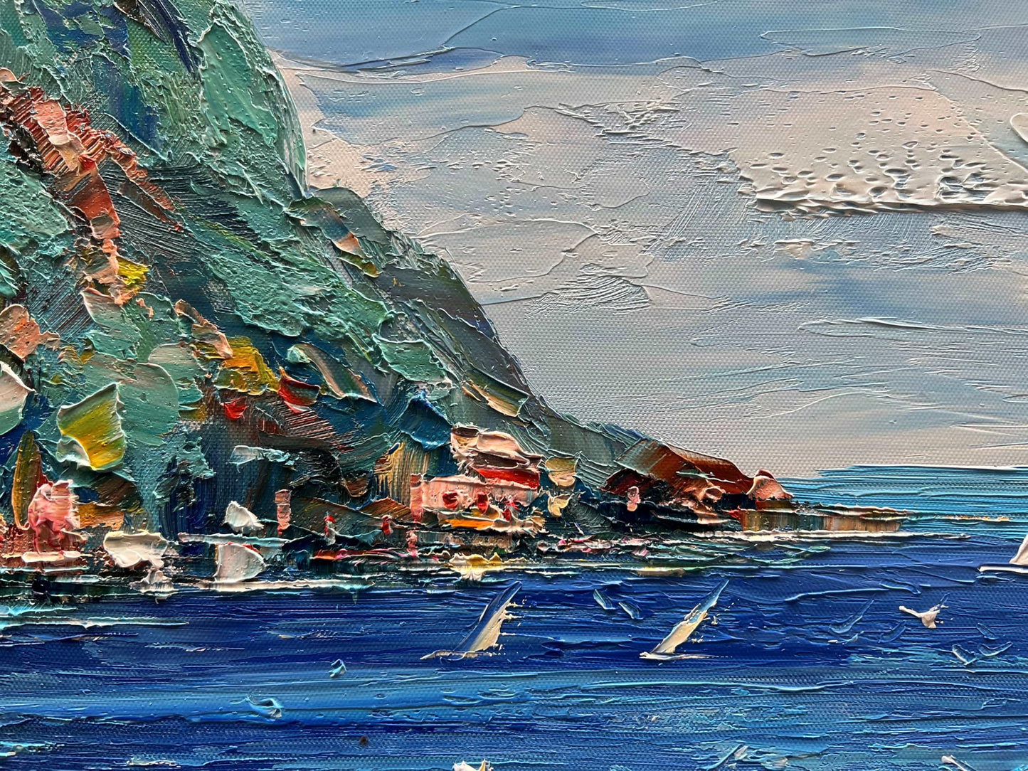 Diathou Art Hand Painted Seaside Town Landscape Oil Painting Modern Abstract Art Home Wall Deco Art 30x45 inches