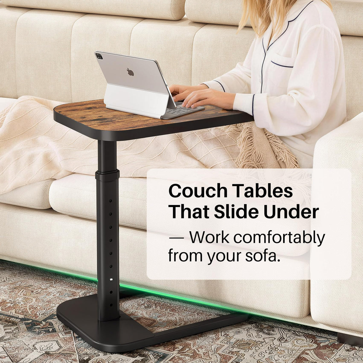Kitstorack Adjustable Height C-Shaped End Table, 9-Level Side Table with Metal Rounded Edge, Couch Table that Slides Under Sofa or Bed for Eating, Working, and Drinks, TV Tray for Small Spaces, Brown