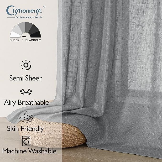 Chyhomenyc Charcoal Grey Semi Sheer Curtains 36 Inch Length, Light Filtering