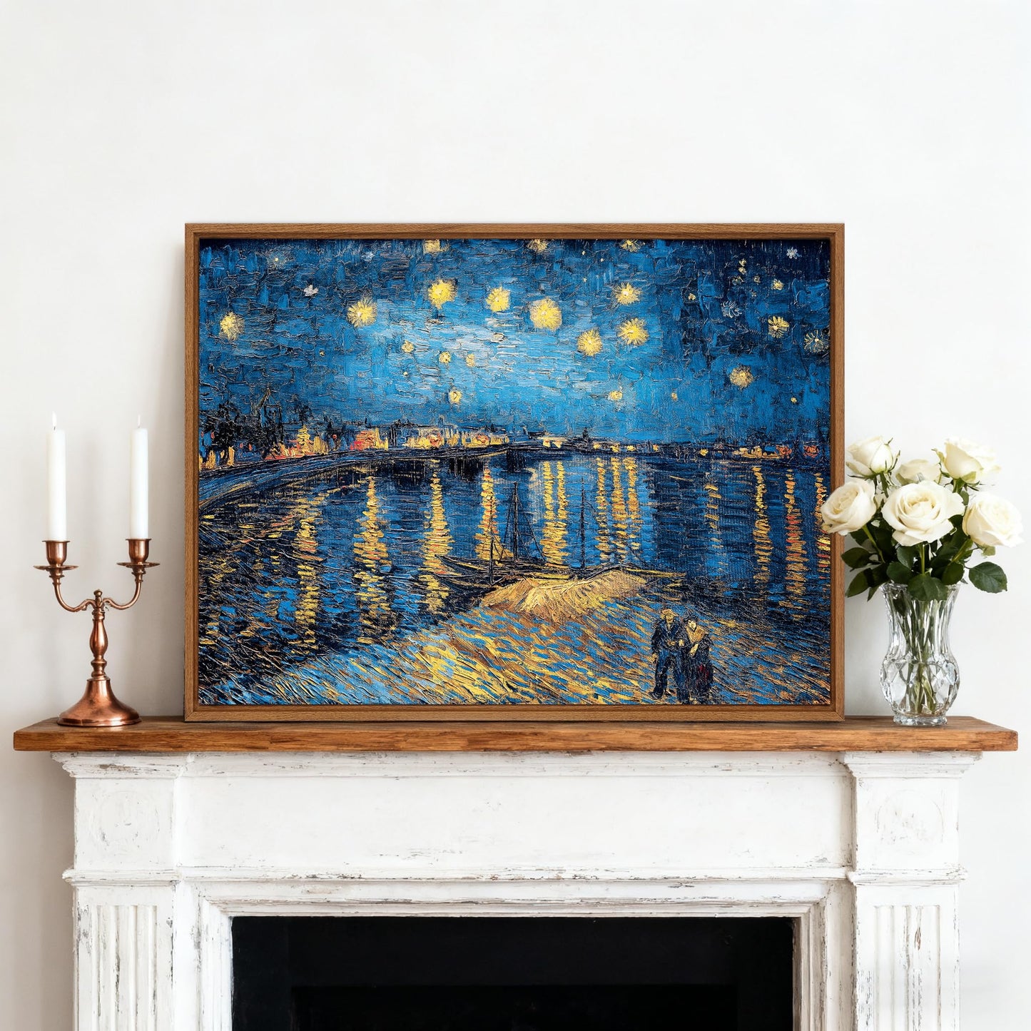 WENGTIAO Framed Canvas Wall Art Starry Night Over The Rhone by Van Gogh Oil Paintings Vintage Landscape Print Reproduction Retro Blue and Yellow Artwork Pictures for Living Room Bedroom Office Study 12”x16”