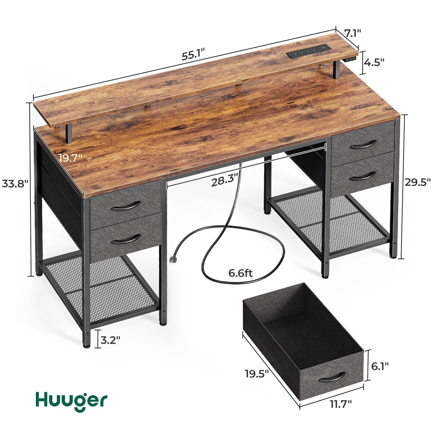Huuger 55 inch Computer Desk with 4 Drawers, Gaming Desk with LED Lights & Power Outlets, Home Office Desk with Large Storage Space for Bedroom, Work from Home, Rustic Brown