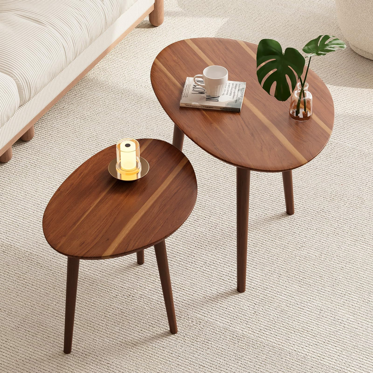 Semjar Small Oval Coffee Tables Set,Acacia Wood Nesting Tables（25.6"x17.7"+17.7"x13.4" for Living Room Small Spaces Office,Easy Assembly Wooden Minimalist Walnut Mid Century Modern Coffee Table