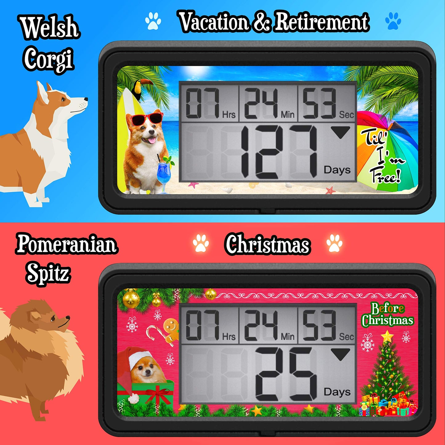 Veriss Digital 9999 Days Countdown Clock Timer with Backlight - Count Down Your Retirement, Wedding, Christmas, Vacation and All Calendar Event Dates in Your Life - Dog Collection (Black - 8 Frames)