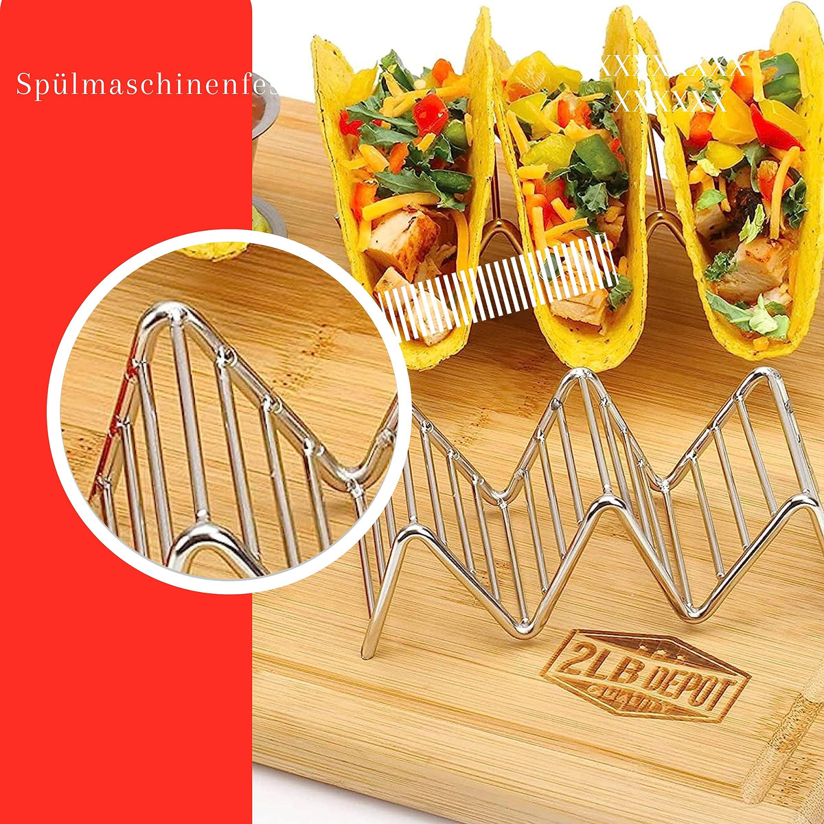 Taco Holders Set of 2 Premium Stainless Steel Stackable Stands, Each Rack Holds 2 or 3 Hard or Soft Tacos, Five Styles Available By 2lbDepot