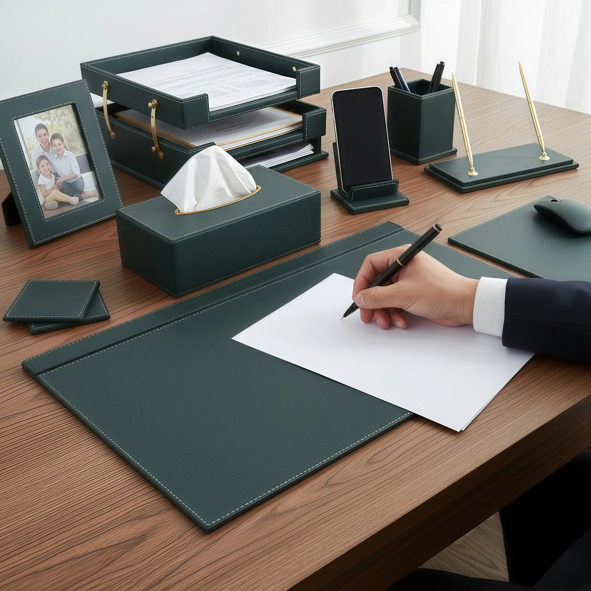 RitPin Leather Desk Set, 15-Piece Leather Desk Organizer, Executive Desk Organizer with Desk Pad & Blotter, 2-Tier Tray, Pen Holder, Office Accessories, Executive Desk Accessories(Green)