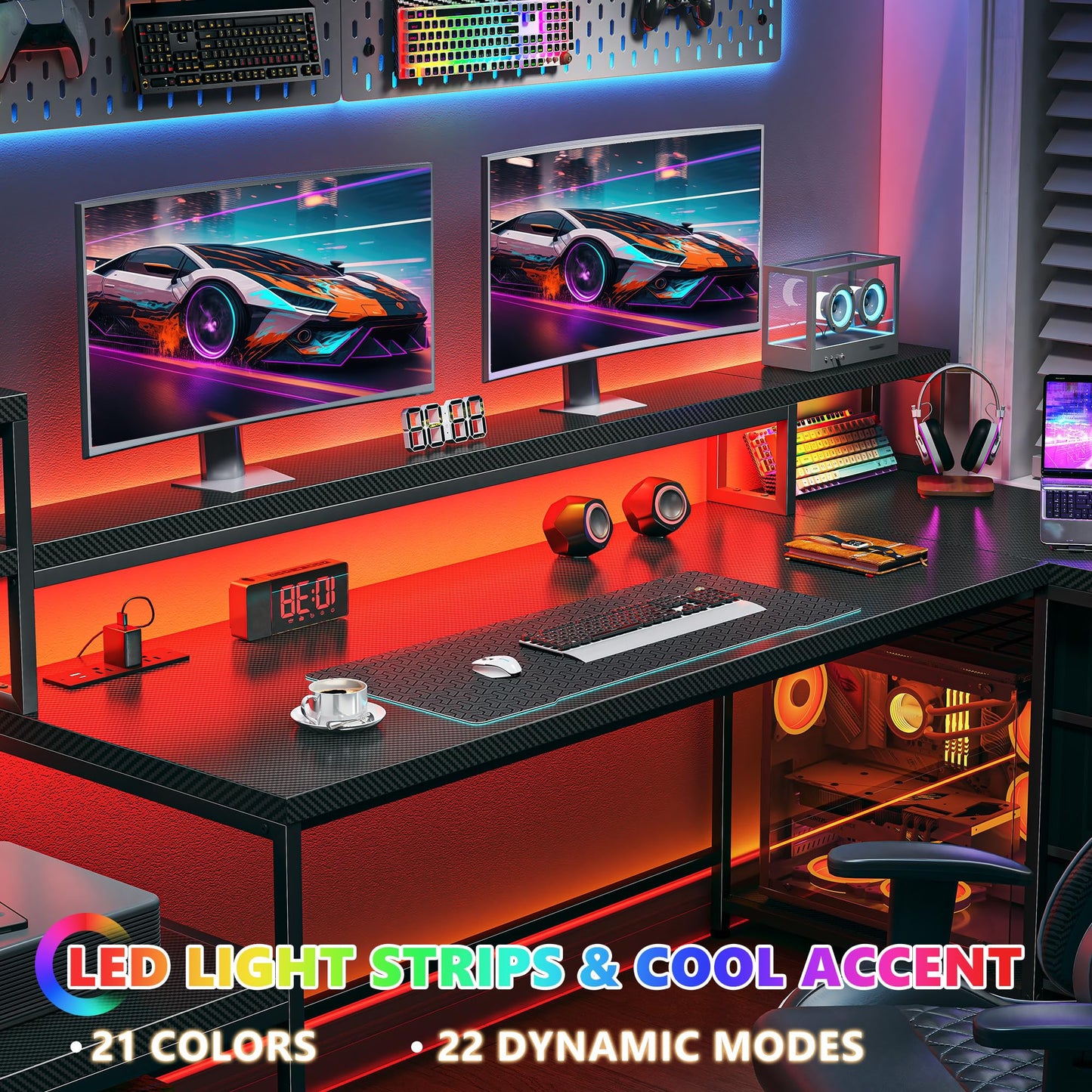 71" L Shaped Gaming Desk with 3 Drawers & Hutch,Computer Desk with Monitor Stand & Power Outlet,Home Office Desk Reversible Black Desk with LED Light,Printer Shelf for Home Office,Black Carbon Fiber