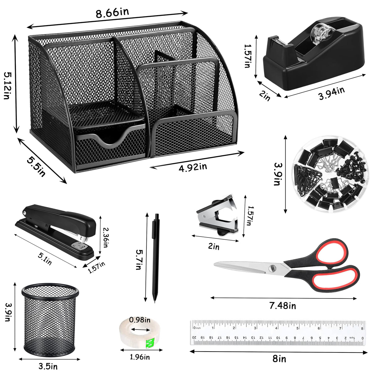 Black Office Desk Accessories Supplies, 12pcs Desk Organizers and Accessories with Tape dispenser and Stapler,Staples,Staple Remover,Pen Holder,Scissor,Ruler,Sticky Tabs,Tape,Ballpoint Pen,Clips Set