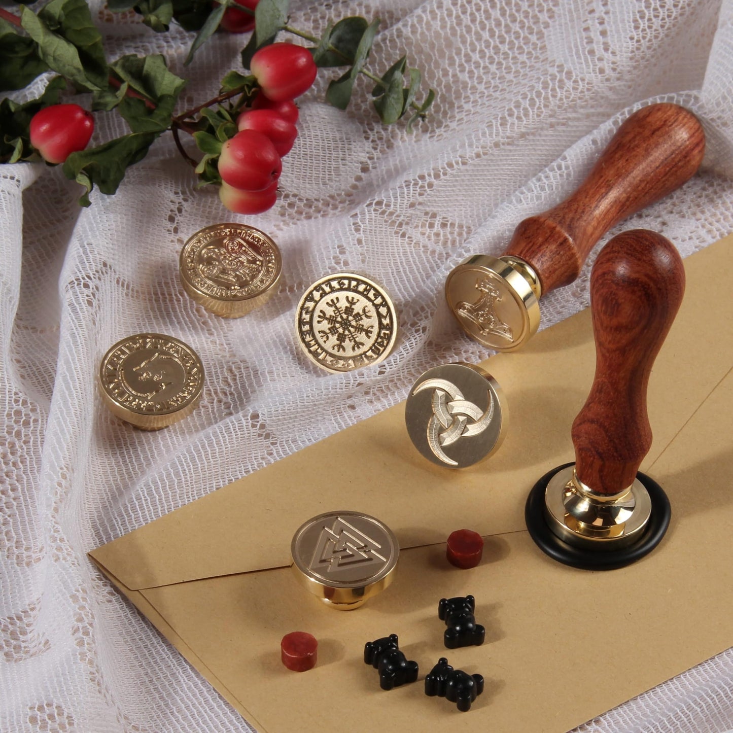 Vegvisir Viking Rune Wax Seal Stamp Set 6PCS Vegvisir Viking Sealing Wax Stamp Heads 0.98''/25mm Custom Wax Stamp 1PCS Wooden Hilt Sealing Stamp Set